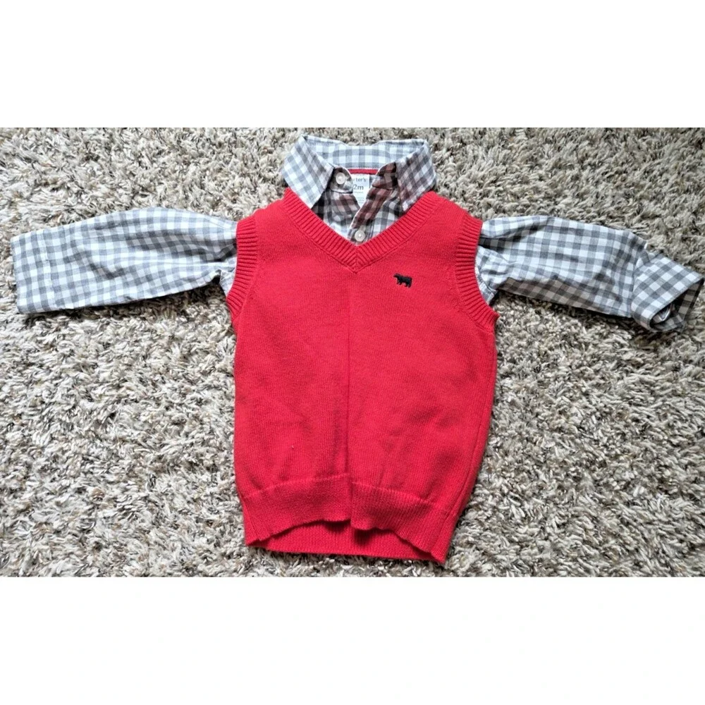 Carters Baby Boy Size 12 Month Plaid Shirt With Red Vest